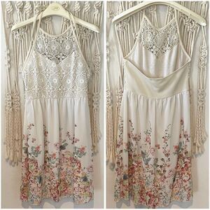 Boho Crochet Lace & Floral Print Halter Dress SZ SM Flowy Summer Festival Dress